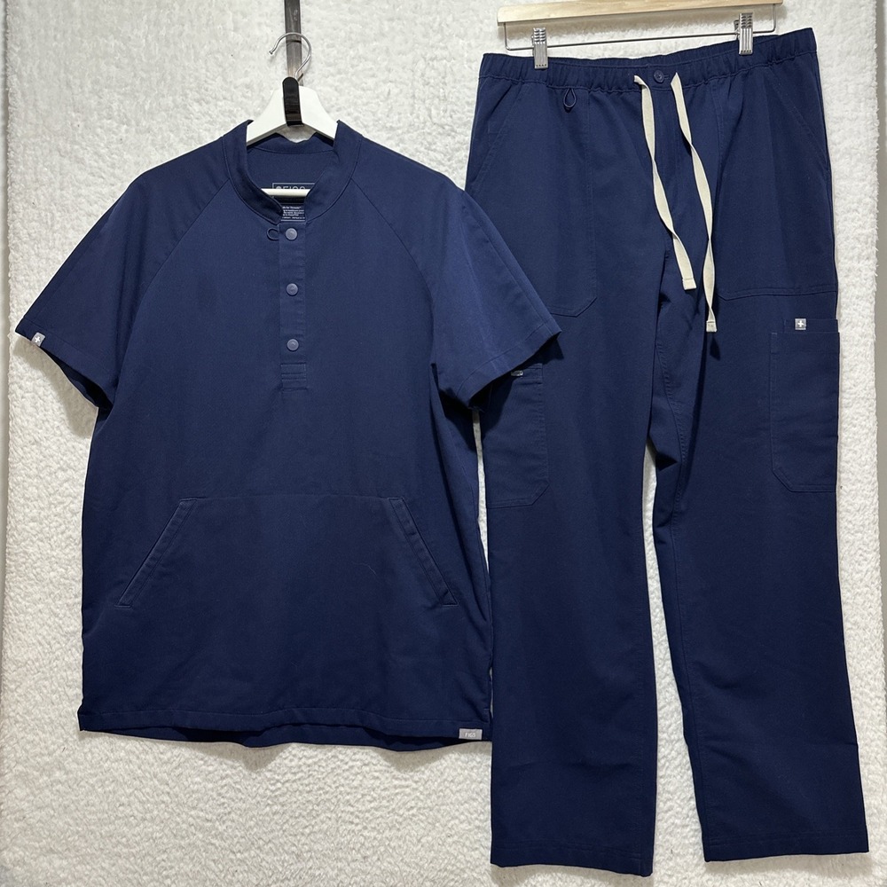 FIGS Men's Size Large Technical Collection Henley Kangaroo Pocket Blue Scrub Set